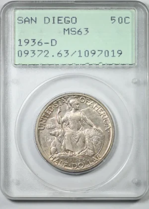 1936-D San Diego Classic Commemorative Half Dollar 50C PCGS Rattler MS63 &#8211; &#8220;109&#8221; Cert Number