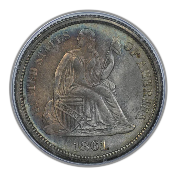 1861 Liberty Seated Dime 10C PCGS Rattler MS64 CAC - TONED! - Image 3