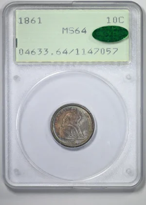 1861 Liberty Seated Dime 10C PCGS Rattler MS64 CAC &#8211; TONED!