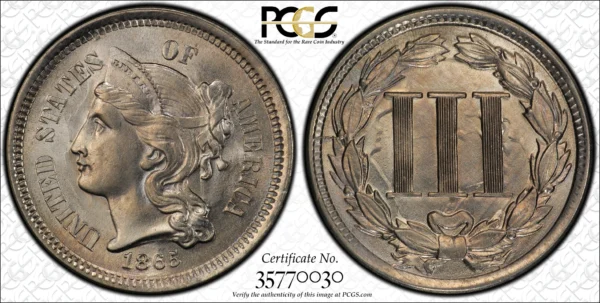 1865 Three Cent Nickel Piece 3CN PCGS MS66 - Image 3
