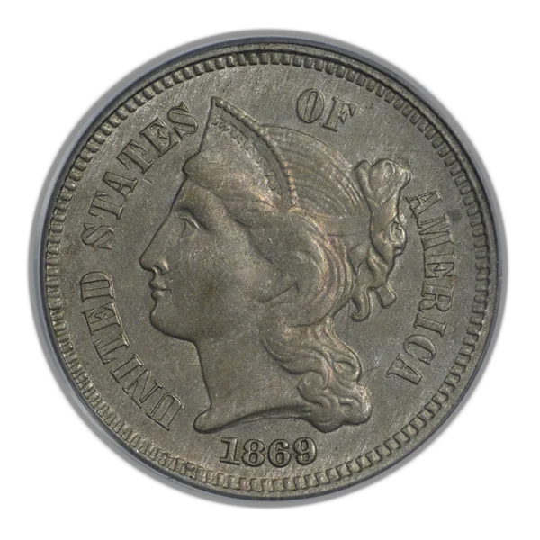 1869 Three Cent Nickel Piece 3CN PCGS AU58 CAC - Image 4