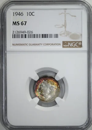 1946 Roosevelt Dime 10C NGC MS67 &#8211; TONED!