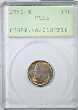 1951-S Roosevelt Dime 10C PCGS Rattler MS66 &#8211; TONED!