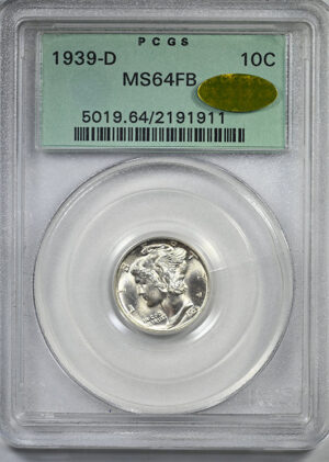 1939-D Mercury Dime 10C PCGS MS64FB Gold CAC OGH &#8211; Full Bands