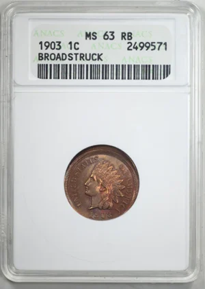 1903 Bronze Indian Head Cent 1C ANACS Soapbox MS63RB Broadstruck Error &#8211; NICE COLOR!