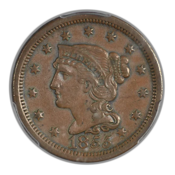 1855 Braided Hair Liberty Head Large Cent 1C PCGS AU50 - Slanted 55 - Image 3