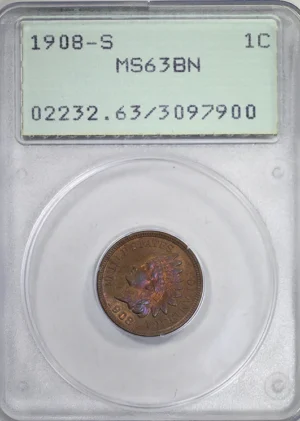 1908-S Bronze Indian Head Cent 1C PCGS Rattler MS63BN &#8211; TONED!