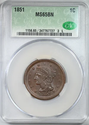 1851 Braided Hair Liberty Head Large Cent 1C CAC MS65BN