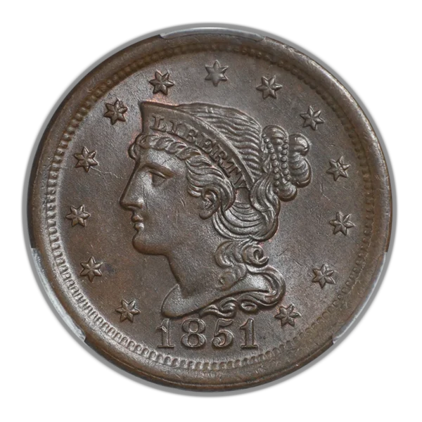 1851 Braided Hair Liberty Head Large Cent 1C CAC MS65BN - Image 3