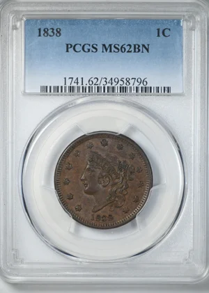 1838 Coronet Head Large Cent 1C PCGS MS62BN