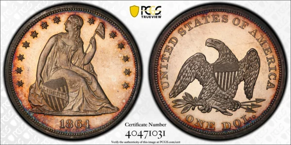 1864 Proof Liberty Seated Dollar $1 PCGS PR63CAM - Image 3