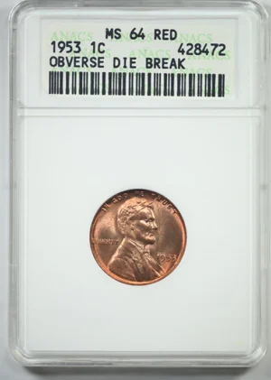 1953 Lincoln Wheat Cent 1C ANACS Soapbox MS64RD &#8211; Obverse Die Break