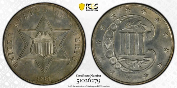 1861 Three Cent Silver Piece 3CS PCGS MS66 - Image 3