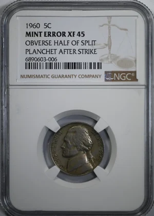 1960 Jefferson Nickel 5C NGC XF45 &#8211; Mint Error Obverse Half of Split Planchet After Strike