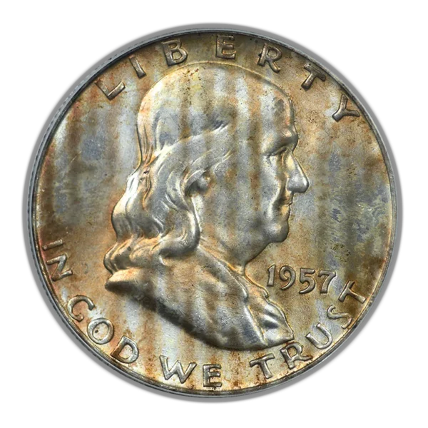 1957-D Franklin Half Dollar 50C PCGS MS64FBL OGH - Full Bell Lines - TONED! - Image 3