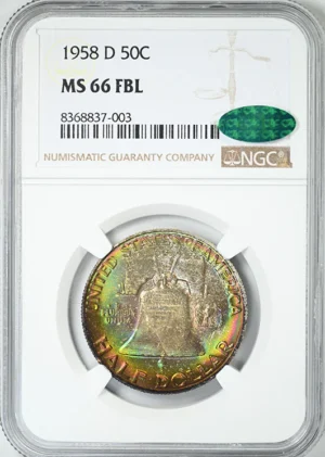 1958-D Franklin Half Dollar 50C NGC MS66FBL CAC &#8211; Full Bell Lines &#8211; RAINBOW TONED!
