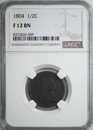 1804 Draped Bust Half Cent 1/2C NGC F12BN &#8211; Plain 4, No Stems