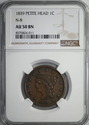 1839 Petite Head Braided Hair Liberty Head Large Cent 1C NGC AU50BN &#8211; Head Type of 1840 N-