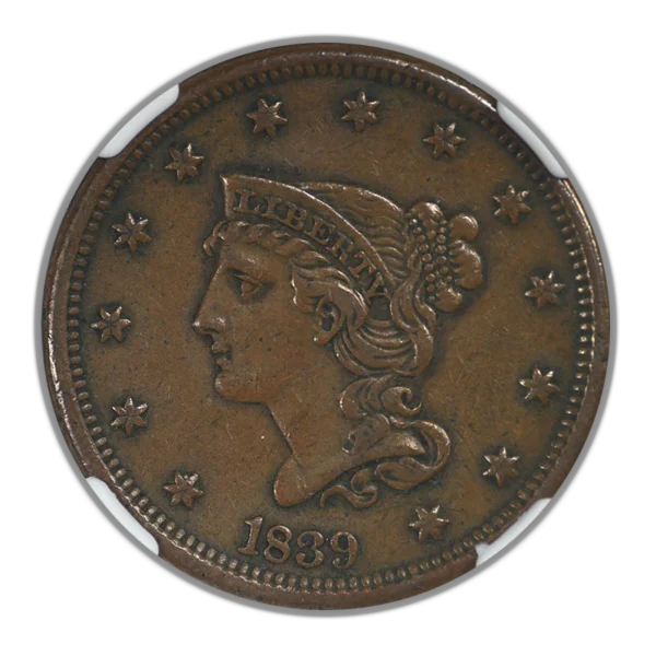 1839 Petite Head Braided Hair Liberty Head Large Cent 1C NGC AU50BN - Head Type of 1840 N-8 - Image 3