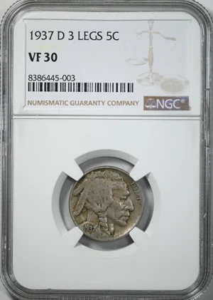 1937-D Buffalo Nickel 5C NGC VF30 &#8211; 3 Legs