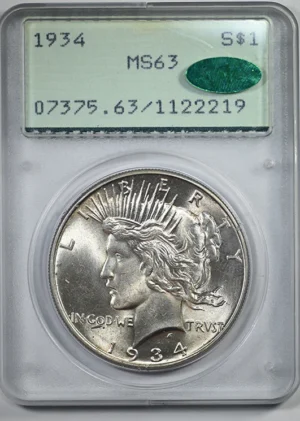 1934 Peace Dollar $1 PCGS Rattler MS63 CAC
