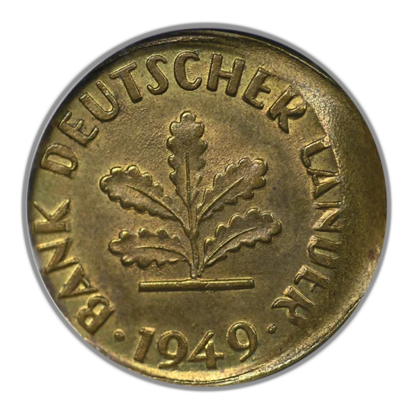 1949-J Germany 5PF Pfennig ANACS Soapbox MS62 - Off-Center Misaligned Dies - Image 3