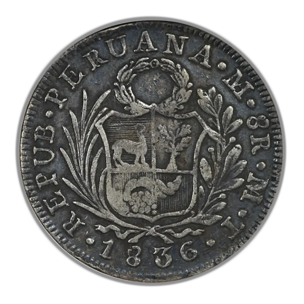 (1834-7) Philippines 8R Reales NGC VF30 - KM-138.2 Type VI C/S Counterstamp on 1836 Lima MT Peru 8R Reales - Image 2