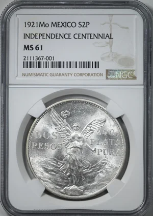 1921 Mo Mexico Silver Dos Pesos S2P NGC MS61 &#8211; Independence Centennial
