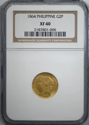 1864 Spanish Philippines Gold 2 Pesos G2P NGC XF40