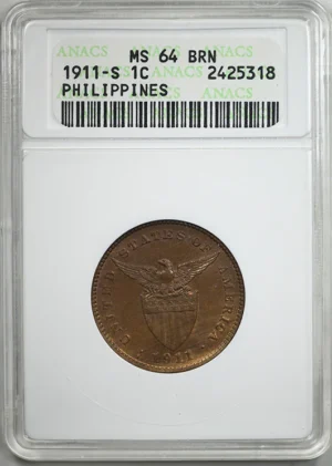 1911-S U.S. Philippines 1C Centavo ANACS Soapbox MS64BN