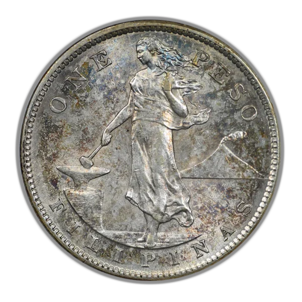 1908-S USA Philippines Peso NGC AU58 - TONED! - Image 3