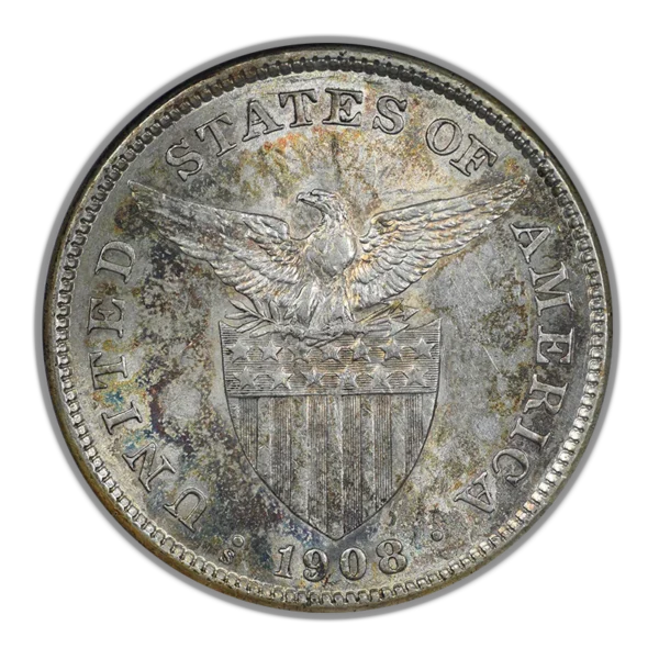 1908-S USA Philippines Peso NGC AU58 - TONED! - Image 4