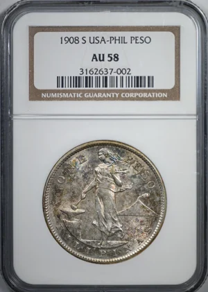 1908-S USA Philippines Peso NGC AU58 - TONED!