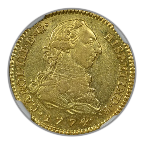 1774 M PJ Spain Gold 2E Escudos NGC AU50 - Image 3