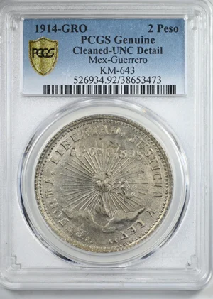 1914-GRO Mexico Guerrero 2 Peso PCGS Genuine UNC Detail KM-643