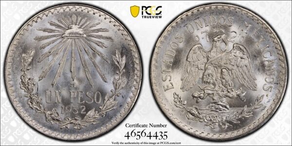 1932-M Mexico Silver Peso PCGS MS66 - Open 9 KM-455 - Image 3