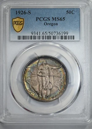 1926-S Oregon Trail Classic Commemorative Half Dollar 50C PCGS MS65 &#8211; TONED!