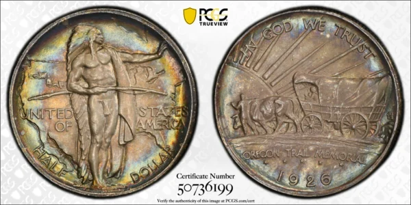 1926-S Oregon Trail Classic Commemorative Half Dollar 50C PCGS MS65 - TONED! - Image 2