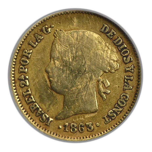 1863 Spanish Philippines Gold Peso G1P NGC NCS F Details - Image 3