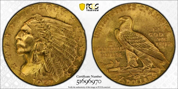 1927 Indian Head Gold Quarter Eagle $2.50 PCGS MS64 CAC - Image 5