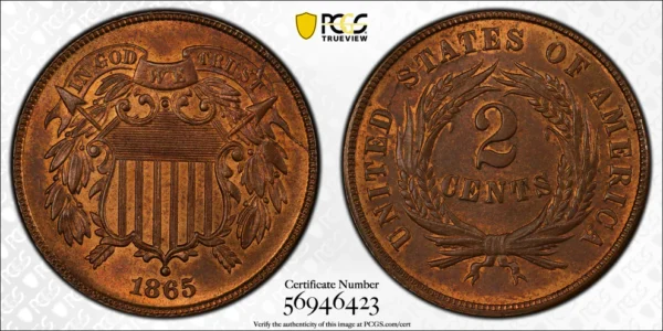 1865 Two Cent Piece 2C PCGS MS66RB CAC - Fancy 5 - Image 5