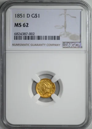 1851-D Type 1 Liberty Head Gold Dollar G$1 NGC MS62 &#8211; DAHLONEGA GOLD!