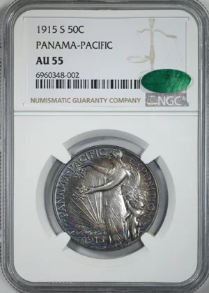 1915-S Panama Pacific Classic Commemorative Half Dollar 50C NGC AU55 CAC &#8211; TONED!