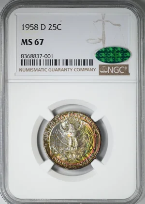 1958-D Washington Quarter 25C NGC MS67 CAC - RAINBOW TONED!