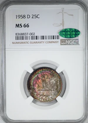 1958-D Washington Quarter 25C NGC MS67 CAC &#8211; RAINBOW TONED!