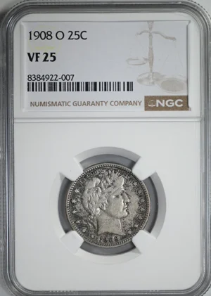 1908-O Barber Quarter 25C NGC VF25 &#8211; REVERSE TONED!