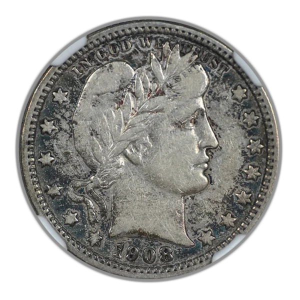 1908-O Barber Quarter 25C NGC VF25 - REVERSE TONED! - Image 3