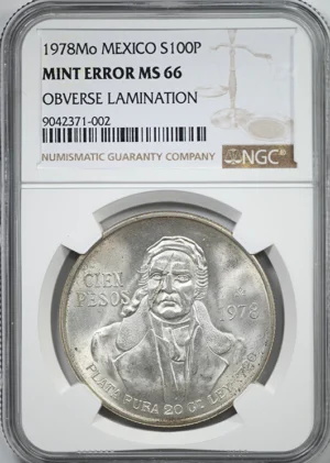 1978 Mo Mexico S100P Pesos NGC Mint Error MS66 - Obverse Lamination "Scarface"