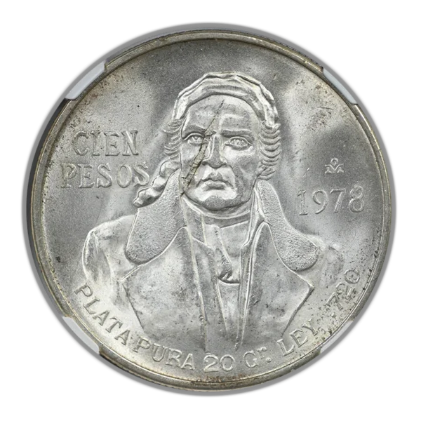1978 Mo Mexico S100P Pesos NGC Mint Error MS66 - Obverse Lamination "Scarface" - Image 3