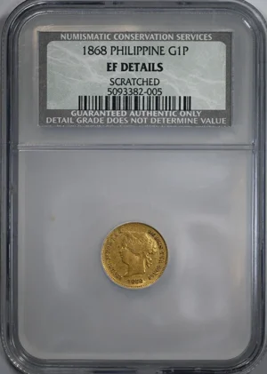 1868 Spanish Philippines Gold Peso G1P NGC NCS XF Details